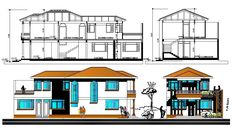 three different types of houses with blue windows and balconies on the second floor