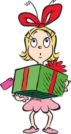 a drawing of a girl holding a gift box