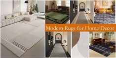 modern rugs for home decor are featured in this collage with different colors and shapes