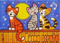 three cats sitting on top of a wooden fence with musical notes in the background and one cat looking at the moon