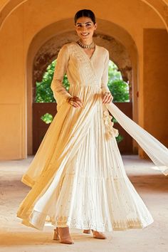 Buy PREEVIN Off White Triangle Mirror Embroidered Angrakha Anarkali With Dupatta Online | Aza Fashions White Angrakha Anarkali, White Angrakha, Mirror Work Lace, Angrakha Anarkali, Triangle Mirror, Anarkali With Dupatta, White Mirror, Pattern Embroidery, Thread Embroidery