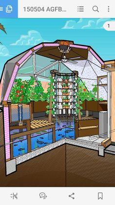 a drawing of a greenhouse with plants growing in the ground and water running through it