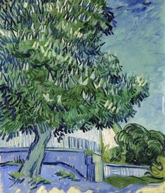 a painting of a tree in front of a fence