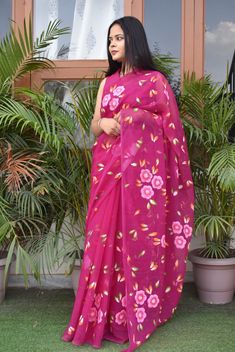 Hand Painted Pure Chiffon Saree, Pink chiffon Saree, Pink Floral Hand Painted Sari Chiffon Pre-draped Saree With Cutdana For Wedding, Pink Organza Pre-draped Saree For Celebration, Festival Chiffon Saree With Pallu, Georgette Pre-draped Saree With Dori Work For Celebration, Festival Chiffon Saree With Pallu Detail, Chiffon Traditional Wear With Resham Embroidery For Wedding, Wedding Traditional Wear With Resham Embroidery In Chiffon, Festive Chiffon Traditional Wear For Wedding, Pink Organza Saree With Dori Work