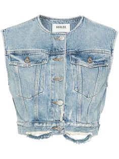 blue organic cotton blend denim light wash round neck sleeveless two chest flap pockets distressed effect ripped detailing cropped front button fastening High Leather Boots, City Dress, Cute Nikes, Organic Materials, Outerwear Vest, Fashion 2024, Summer Beach Wear, Heel Boots, Ski Wear