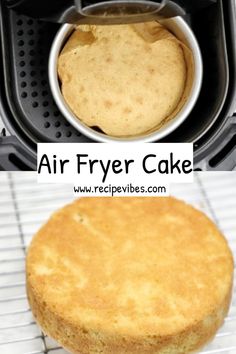 an air fryer cake is cooling on the rack next to it's pan