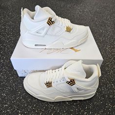 Brand New, Never Worn, In Original Box Nike Air Jordan 4 Metallic Gold Aq9129-170 Womens Size 10w/8.5m Follow Me Ig : @Heartnsole10 Luxury High-top Jordan Sports Shoes, Luxury Jordan Lace-up Sports Shoes, Luxury Lace-up Jordan Sports Shoes, Custom White Leather Sneakers With Air Cushioning, Luxury High-top Jordan Shoes, White Leather Custom Sneakers With Air Cushioning, Luxury Basketball Shoes, Luxury Lace-up Basketball Shoes, Luxury Low-top Sneakers With Air Cushioning