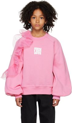 Cotton fleece sweatshirt. · Rib knit crewneck, hem, and cuffs · Logo graphic printed at chest · Ruffled tulle trim at shoulder · Raglan balloon sleeves · Machine-wash Supplier color: Pink Model measures 50” / 127 cm tall and wears size 8. MSGM Kids Size: child's height 4: 40.9 / 104 cm 6: 45.7 / 116 cm 8: 50.4 / 128 cm 10: 55.9 / 142 cm 12: 61.4 / 156 cm Pink Crew Neck Activewear With Graphic Print, Playful Long Sleeve Pink Hoodie, Playful Pink Cotton Sweatshirt, Vogue Kids, Girl Sweat, Kids Accessories Fashion, Pink Model, Name Bracelets, Msgm Kids