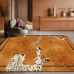 a cheetah rug in the middle of a living room