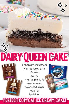 an advertisement for dairy queen cake with chocolate ice cream and sprinkles on it