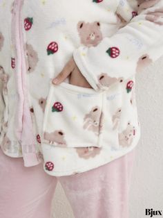 Bjux - Womens Plus Size Cozy Flannel Pajama Set with Strawberry & Cartoon Bear Print - Long Sleeve Button Up Top and Pants with Pockets - Perfect Home Wear Two Piece Set Cozy Sleepwear With Pockets For Pajama Party, White Sleepwear With Pockets For Sleepover, Flannel Pajama Sets, Cozy Pajamas, Flannel Pajamas, Cozy Flannel, Cartoon Bear, Pants With Pockets, Home Wear