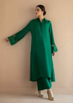 Include: Shirt Pants Fabric: raw silk Color: Green Description: A raw silk shirt with cutwork, lace, and organza detail paired with matching culottes. its a 2 piece stitched outfit. Disclaimer: Color of outfit may vary due to photographic lighting sources. Silk Shirt Pakistani, Green Color Suit For Women, Raw Silk Dress Pakistani Simple, Raw Silk Suit Designs Indian, Plain Raw Silk Kurti Designs, Eastern Outfits Women, Silk Shirt Designs, Plain Raw Silk Suits, Raw Silk Kurti Designs