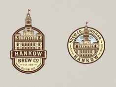 two brown and white badges with the words hankow brewing on them, one has a clock tower