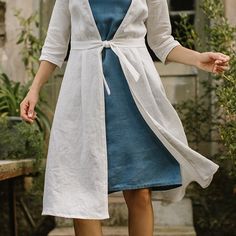 Snow white coat and blue linen dress. Flowy 🌿 Long Linen Skirt, Blue Linen Dress