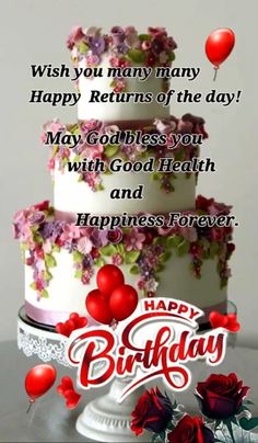 a birthday cake with flowers and balloons on it, says wish you many happy returns of the day may godless health and happiness forever