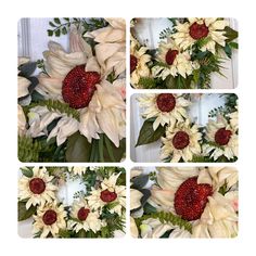 four pictures of white and red flowers on display