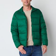 Gear up for cooler weather with this St. John's Bay men's midweight puffer jacket equipped with water-resistant properties. Crafted from a durable woven fabric, it features a mock neck, long sleeves, a full-zip front, and two side zip pockets for added convenience. Features: Water ResistantClosure Type: ZipperNeckline: Mock NeckPockets: 2 Side Zip PocketsSleeve Length: Long SleeveWarmth Factor: MidweightApparel Length: 28 InchesOuterwear Length: ShortFiber Content: 100% NylonFabric Description: Cooler Weather, Green Jacket, Puffer Jacket, Side Zip, Mock Neck, Woven Fabric, Zip Pockets, Puffer, Coats Jackets