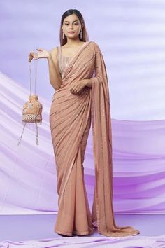 Shop for Yoshita Couture Beige Karina Georgette Embroidered Saree With Blouse for Women Online at Aza Fashions Trendy Sarees For Farewell, Elegant Embroidered Pre-draped Georgette Saree, Georgette Saree, Elegant Embellished Georgette Saree, Elegant Beige Saree With Cutdana, Cream Georgette Saree With Traditional Drape, Embroidered Beige Saree In Traditional Drape, Beige Colour Saree, Saree Jacket Designs