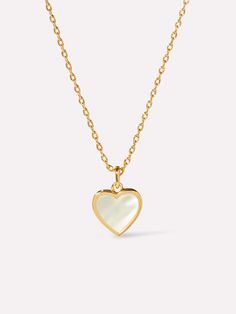 Gold Heart Necklace - Laure Mother of Pearl Gold Heart Necklace With Pearl Charm As Gift, Yellow Gold Heart Jewelry With Pearl Charm, Heart-shaped Yellow Gold Jewelry With Pearl Charm, Valentine's Day Yellow Gold Necklace With Pearl Pendant, Valentine's Day Yellow Gold Pearl Pendant Necklace, Gold-plated Heart Necklace With Pearl Charm, Gold Heart Necklace With Pearl Pendant For Gift, Gold Plated Heart Necklace With Pearl Charm, Mother Of Pearl Heart Pendant Jewelry Gift