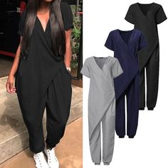 Casual V-neck Jumpsuit With Relaxed Fit, Summer Cotton Jumpsuits And Rompers For Leisure, Casual Short Sleeve Jumpsuits And Rompers With Relaxed Fit, Casual Jumpsuits And Rompers With Short Sleeve, Relaxed Fit, Casual Short Sleeve Relaxed Fit Jumpsuits And Rompers, Solid Color Short Sleeve Relaxed Fit Jumpsuits And Rompers, Casual Short Sleeve Jumpsuits And Rompers, Casual Short Sleeve Jumpsuits And Rompers For Loungewear, Cotton Jumpsuits And Rompers For Leisure