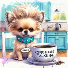 a painting of a small dog sitting next to a cup of coffee