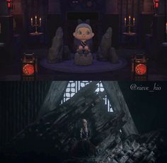 the same scene in an animated movie, and one with a doll sitting on top of it