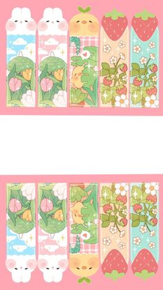 a pink background with two rows of cartoon characters and flowers on the bottom one row