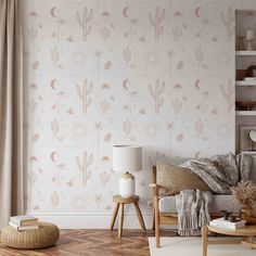 a living room filled with furniture and wallpaper