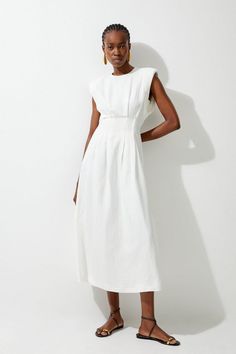 Viscose Linen Woven Pintuck Midi Dress | Karen Millen Summer Midi Dress With Fitted Waist, Knee-length Midi Dress For Work With Pleated Back, Knee-length Midi Dress With Pleated Back For Work, Spring Midi Dress With Pleated Back And Fitted Bodice, Fitted Midi Dress With Pleated Bodice, Tea Length, Chic Summer Dresses With Box Pleat, Ruched Midi Dress With Fitted Waist, Fitted A-line Midi Dress With Ruched Detail, White Workwear Dress With Pleated Back