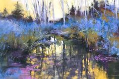 an oil painting of trees and water in the woods with purple, yellow and blue colors