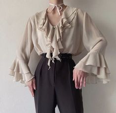 Balloon Sleeve Blouse Outfit, Royaltycore Outfits, Ruffle Tops Outfit, Frilly Sleeves, Academia Outfits, Balloon Sleeve Top, Fashion Project, Google Lens, Fashion Inspiration Design