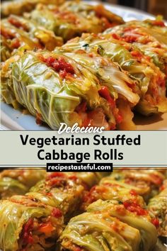 vegetable stuffed cabbage rolls on a plate with text overlay that reads delicious vegetarian stuffed cabbage rolls