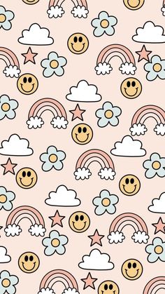 a pink background with clouds, rainbows and smiley faces on the same wallpaper