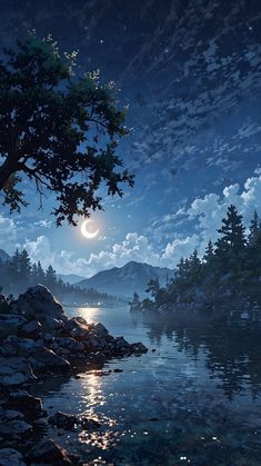 the full moon is shining brightly in the night sky over a lake with rocks and trees