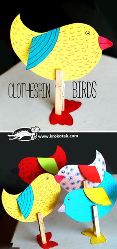 two pictures of birds made out of popsticks with the words clothespin birds on them