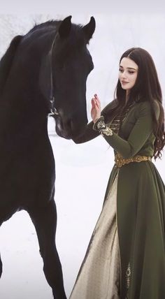 Black Horse, A Black, Green Dress, Long Dress, A Woman, Green, Black