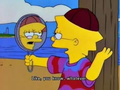 the simpsons is looking at himself in the mirror while he's on the beach