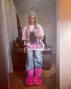 fuzzy boots, fur boots, fuzzy boots outfit, pink fluffy boots, fluffy boots, y2k, punk style, afro goth, grunge, outfit inspo, womens fashion, baggy, baggy, spring outfit, summer outfit, outfit ideas, how to style, winter outfit Fluffy Shoes Outfit, Fuzzy Boots Outfit Y2k, Fluffy Boots Outfits Y2k, Fuzzy Boots Outfit, Fluffy Boots Outfits, Fur Boots Outfit Y2k, Black Fur Boots Outfit Y2k, Y2k Outfits Fur Boots, Pink Moon Boots Fur