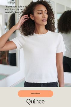 The classic cashmere Tee Shirt spun from 100% Grade A Mongolian cashmere. Super soft and lightweight, this short sleeve cashmere sweater is a wardrobe staple for layering all year round. Tees are meant for everyday wear. Now yours can be cashmere.  | Quince | Women's Mongolian Cashmere T-Shirt in Ivory, Size XS 100 Grade, Cashmere Sweater, Crew Neck Tee, Quince, Cashmere Sweaters, Everyday Outfits, Wardrobe Staples, Tee Shirt, Layering