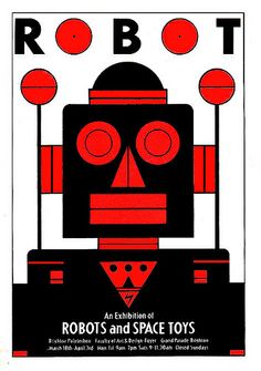 a red and black poster with a robot on it