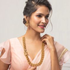 Yahvi Antique Long Necklace Set: Bestselling Indian Jewelry at Tarinika.com Necklace For Saree, Long Necklace Gold Indian, Long Haram Gold Jewellery Designs, Antique Long Necklace, Indian Long Necklace, Antique Necklace Gold, Groom Entry, Long Necklace Set, Indian Wedding Jewelry Sets