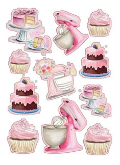 a bunch of pink cupcakes with icing on them and some mixers