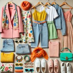 Personal color pallete "bright spring" wardrobe capsule spring to summer Color Pallets For Clothes, Spring Pallete Outfit, Spring Color Pallete Outfits, Spring Color Analysis Wardrobe, True Spring Wardrobe, Colorful Capsule Wardrobe 2024, Light Spring Fashion, Bright Capsule Wardrobe