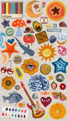 an assortment of stickers with different colors and designs on them, including oranges, blue