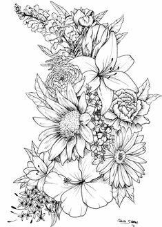 a bouquet of flowers is shown in black and white, as well as an outline drawing