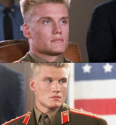 two pictures of the same man in uniform and one with an american flag behind him