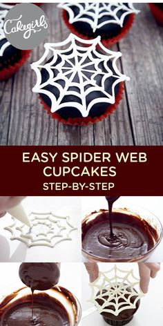 spider web cupcakes with chocolate frosting being drizzled on top