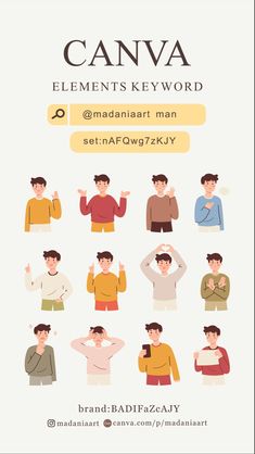 Canva elements keywords for man. Element related to man, male, adult, teenager, character, business. You can make any design with your chosen element. Find them on Canva! Click on the picture to get the elements! Copy & paste in Canva Search for more ELEMENTS FROM ME: artist:madaniaart || Canva Keyword, Canva Element Keywords, Canva Element Ideas, Canva Keywords, Man, Adult, Worker, Character Canva Character Element, Canva People Element, Canva Characters, Canva Search Keywords, Canva Elements Ideas, Cool Fonts Alphabet, Canva Keywords, Keyword Elements Canva, Graphic Shapes Design