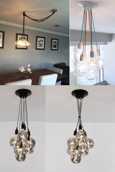 three pictures of different lights hanging from the ceiling in a dining room and living room