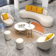 a living room filled with white furniture and yellow pillows